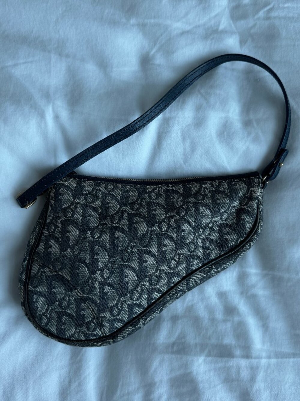 Christian Dior Vintage Saddle Bag Diorissimo Canvas Mini Navy Authentic